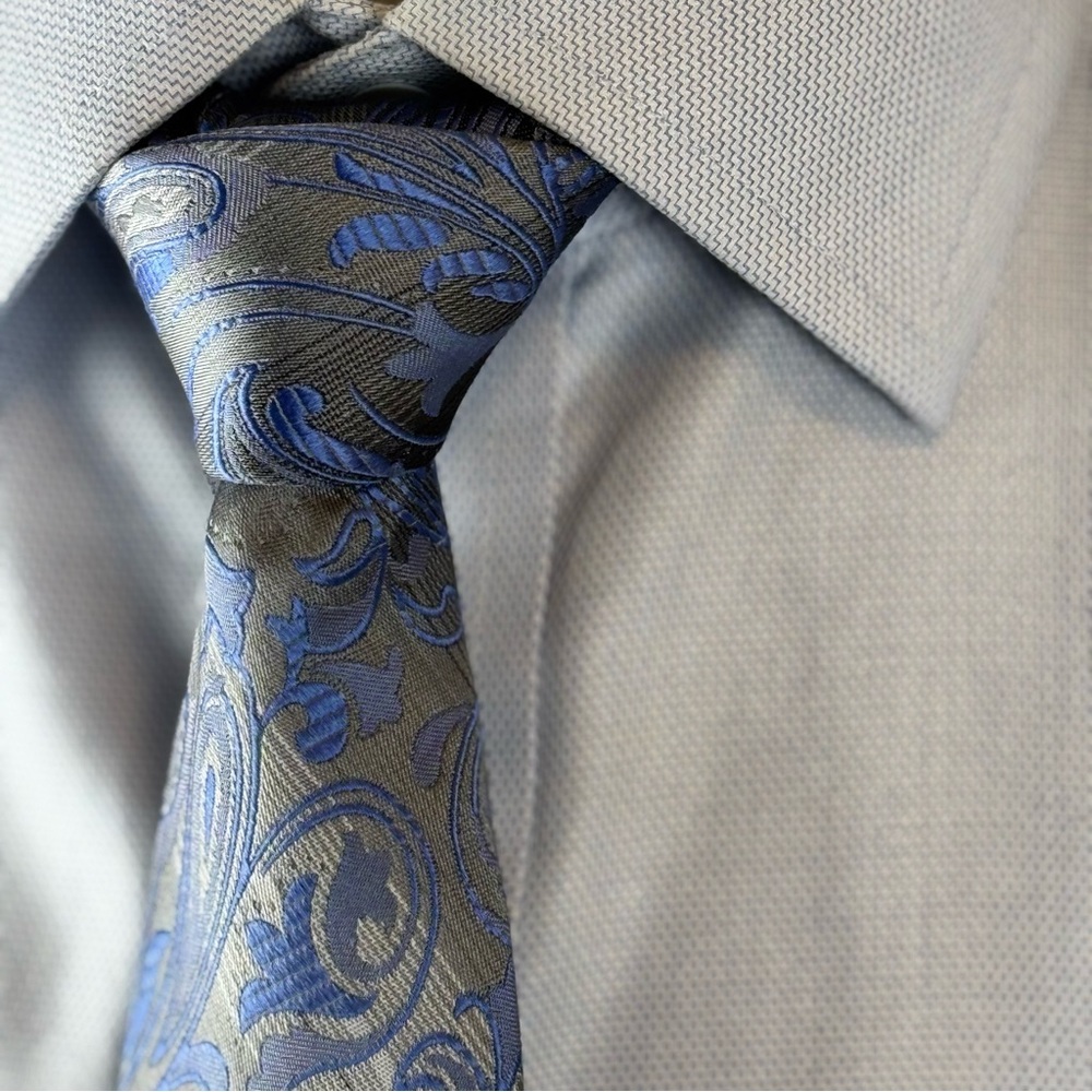 Pronto Uomo Couture Men’s Necktie Blue & Gray Paisley Jacquard Tie 100% Silk XL